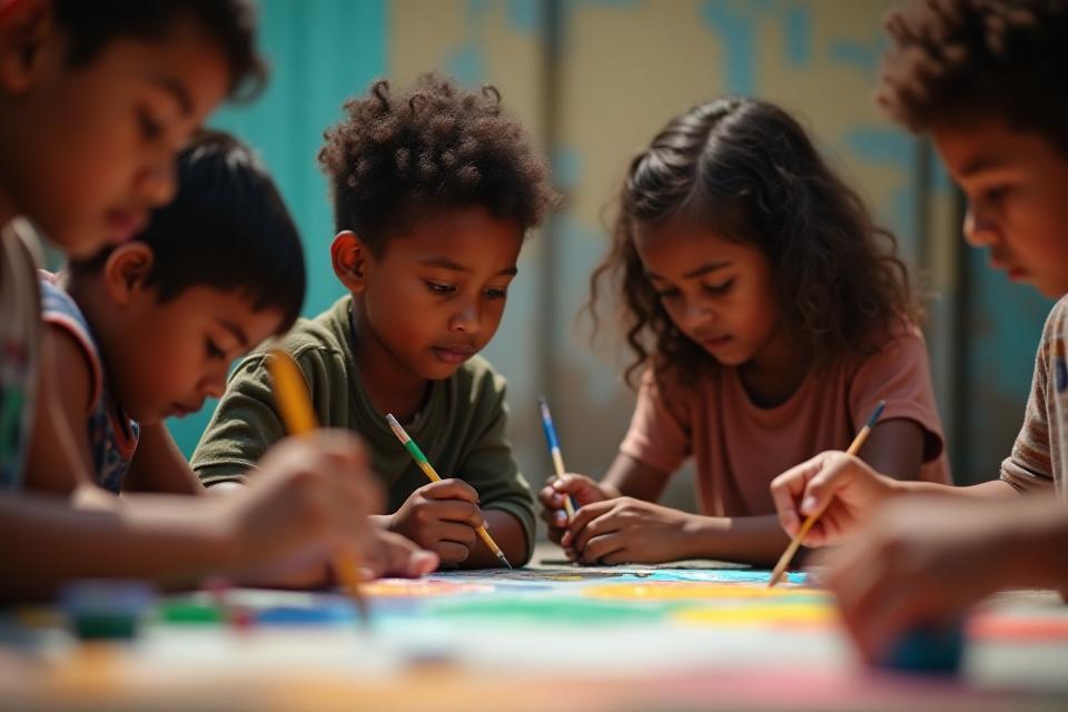 Visually impactful image representing the cause: Children engaged in an art workshop in an urban setting.